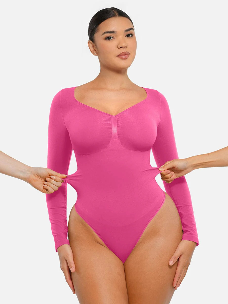 Aurasize Seamless Long Sleeve Chest Support Tummy Control Thong Bodysuit