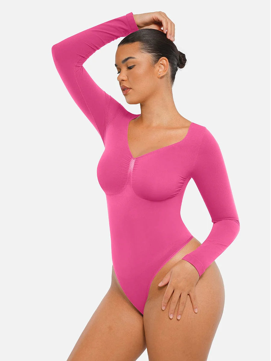 Aurasize Seamless Long Sleeve Chest Support Tummy Control Thong Bodysuit