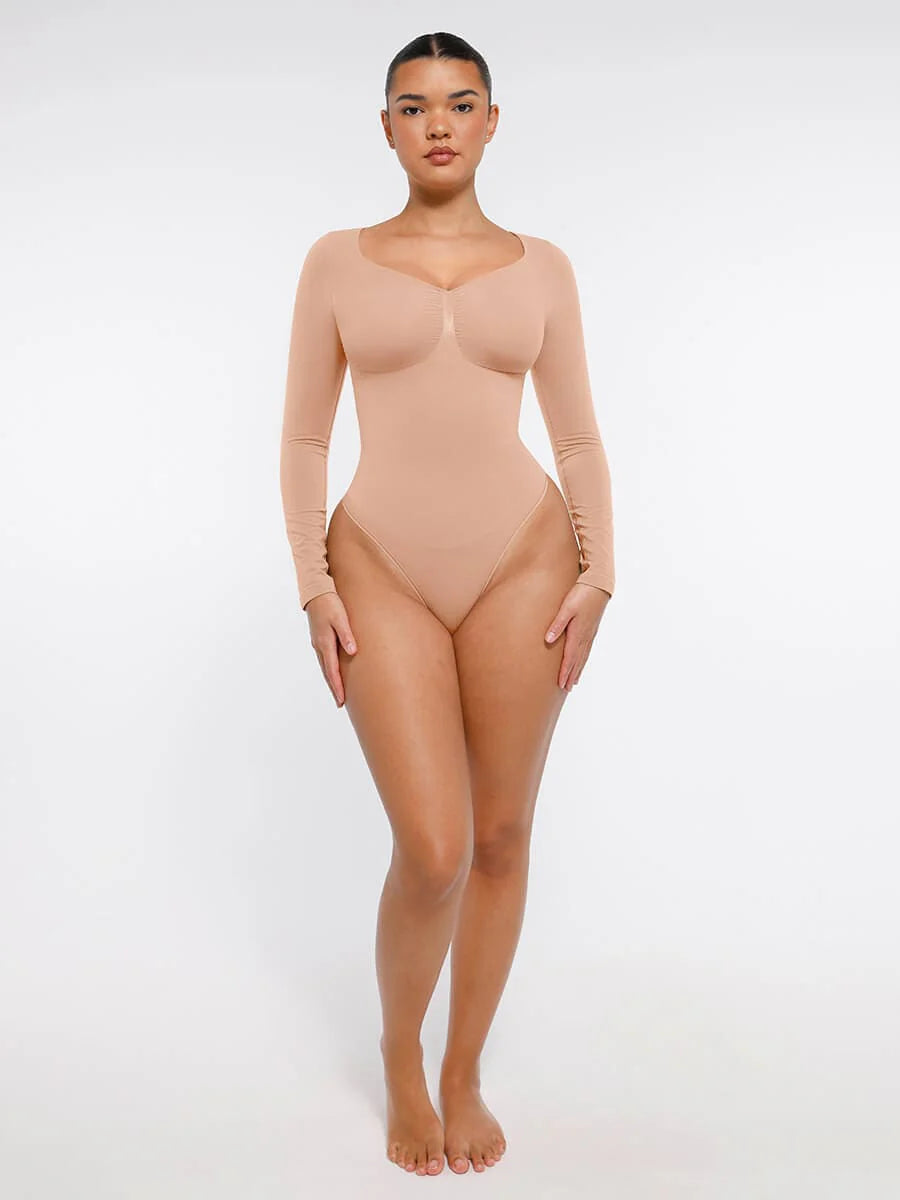 Aurasize Seamless Long Sleeve Chest Support Tummy Control Thong Bodysuit