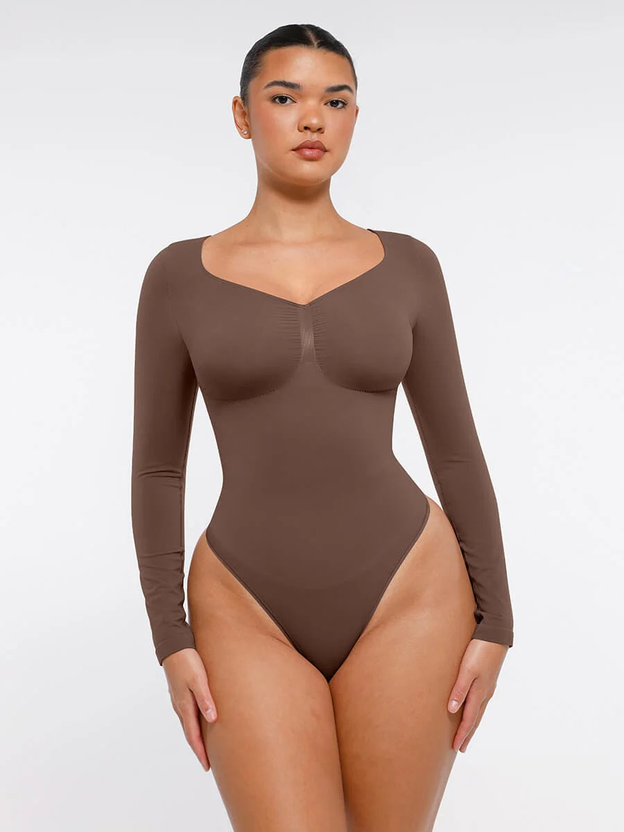 Aurasize Seamless Long Sleeve Chest Support Tummy Control Thong Bodysuit