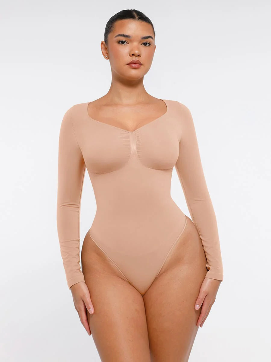 Aurasize Seamless Long Sleeve Chest Support Tummy Control Thong Bodysuit