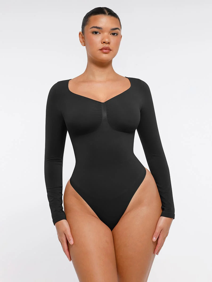 Aurasize Seamless Long Sleeve Chest Support Tummy Control Thong Bodysuit