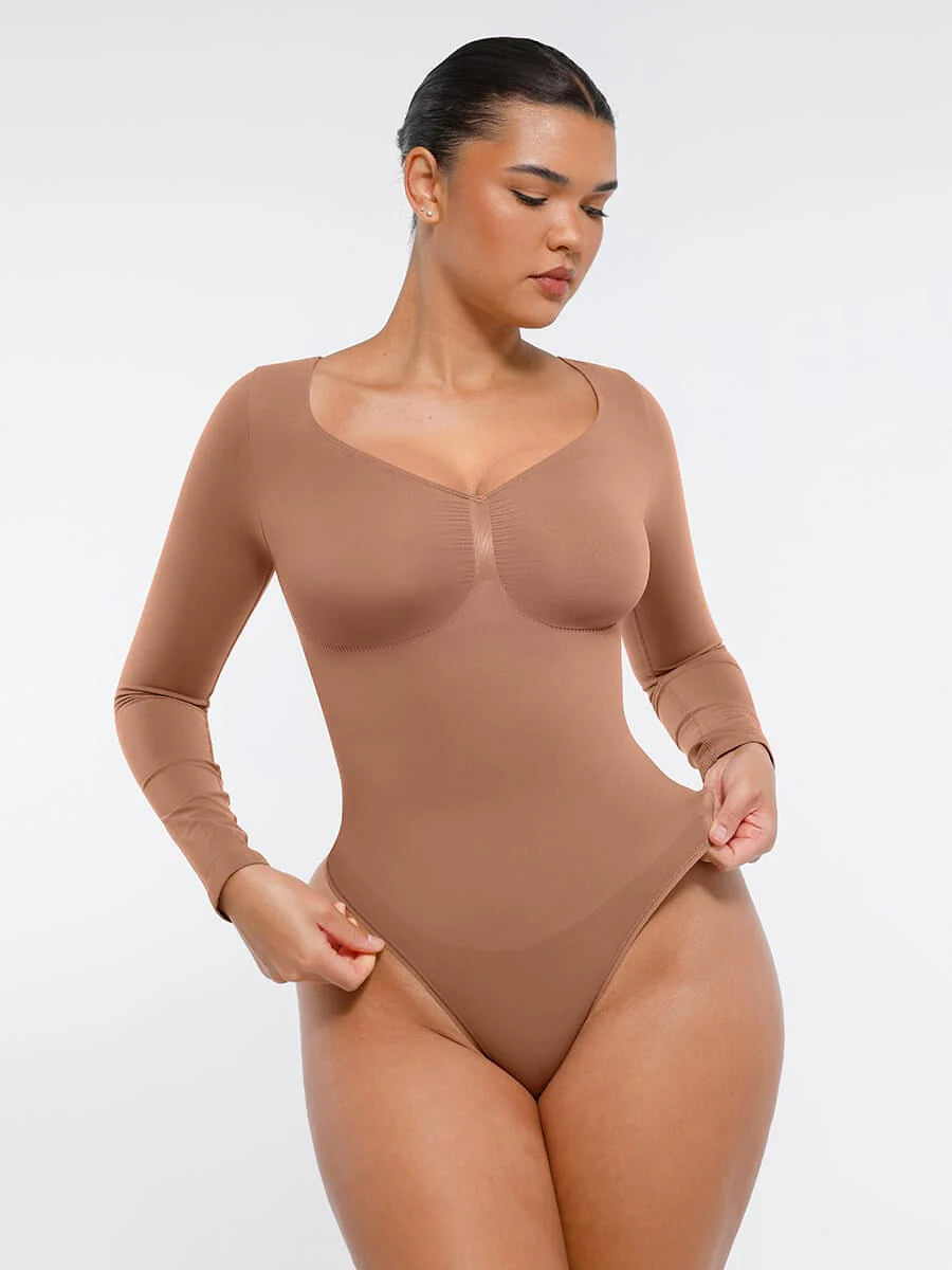 Aurasize Seamless Long Sleeve Chest Support Tummy Control Thong Bodysuit