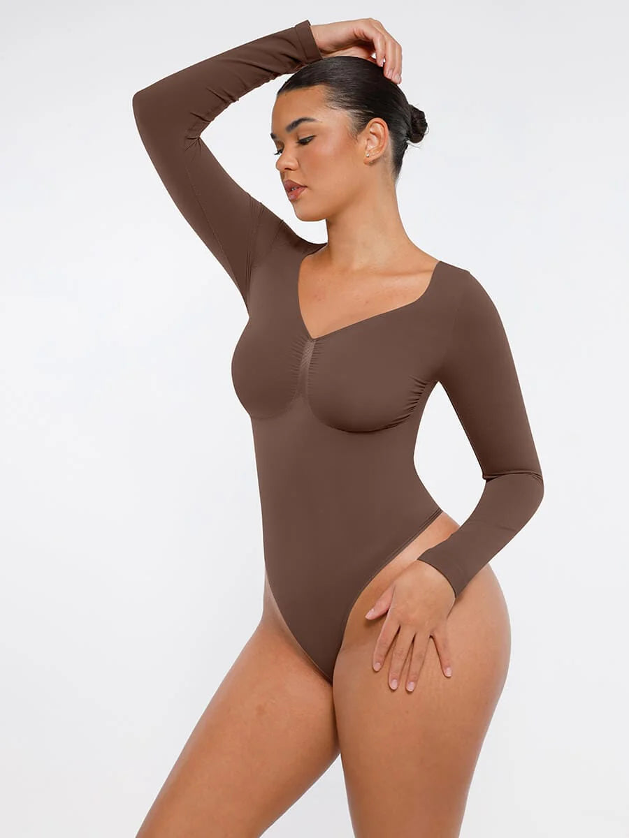 Aurasize Seamless Long Sleeve Chest Support Tummy Control Thong Bodysuit