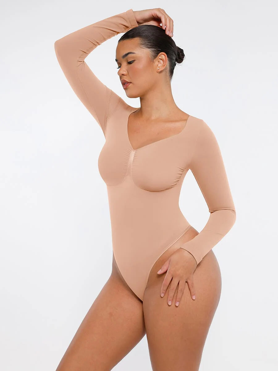 Aurasize Seamless Long Sleeve Chest Support Tummy Control Thong Bodysuit