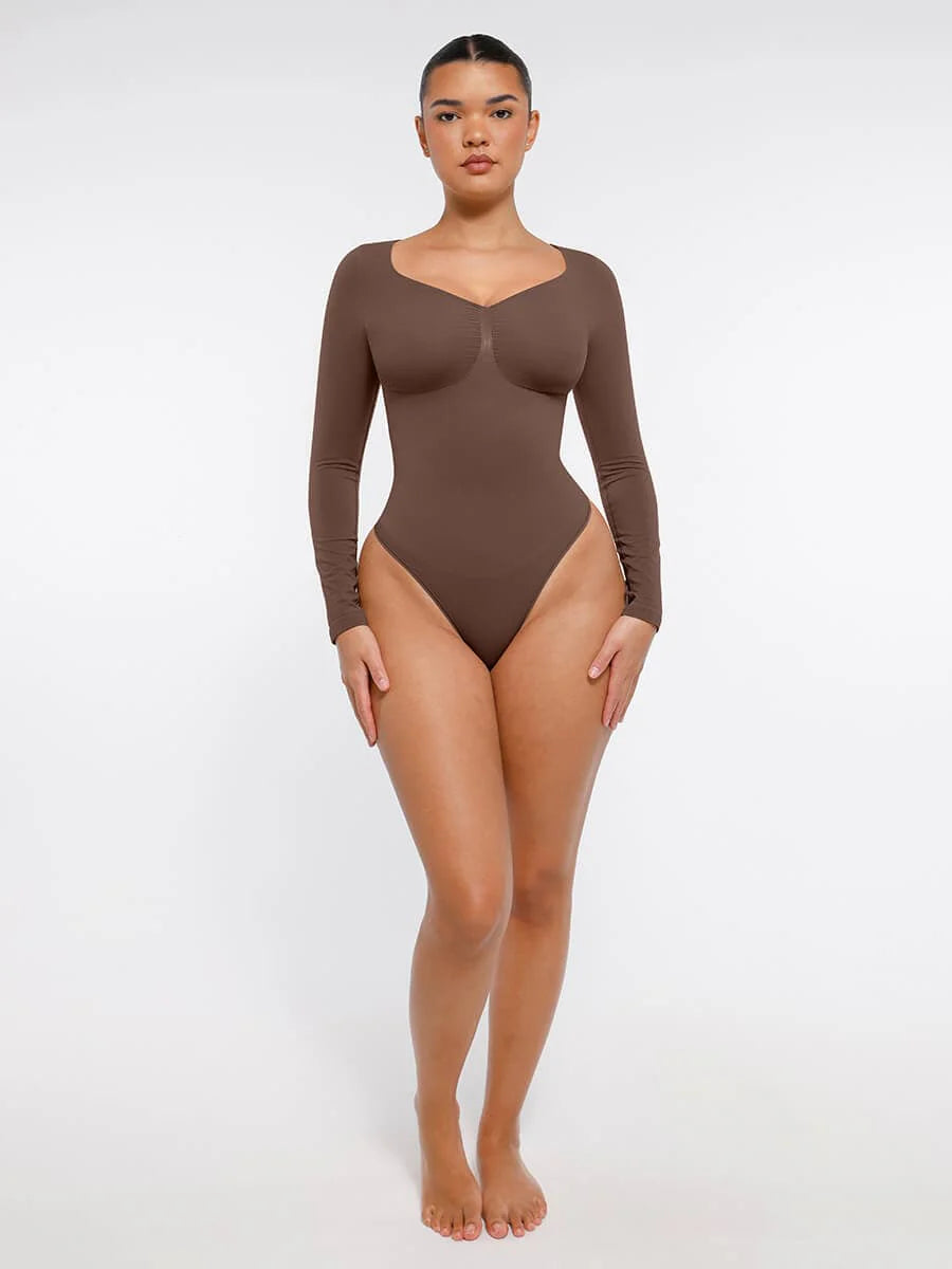 Aurasize Seamless Long Sleeve Chest Support Tummy Control Thong Bodysuit