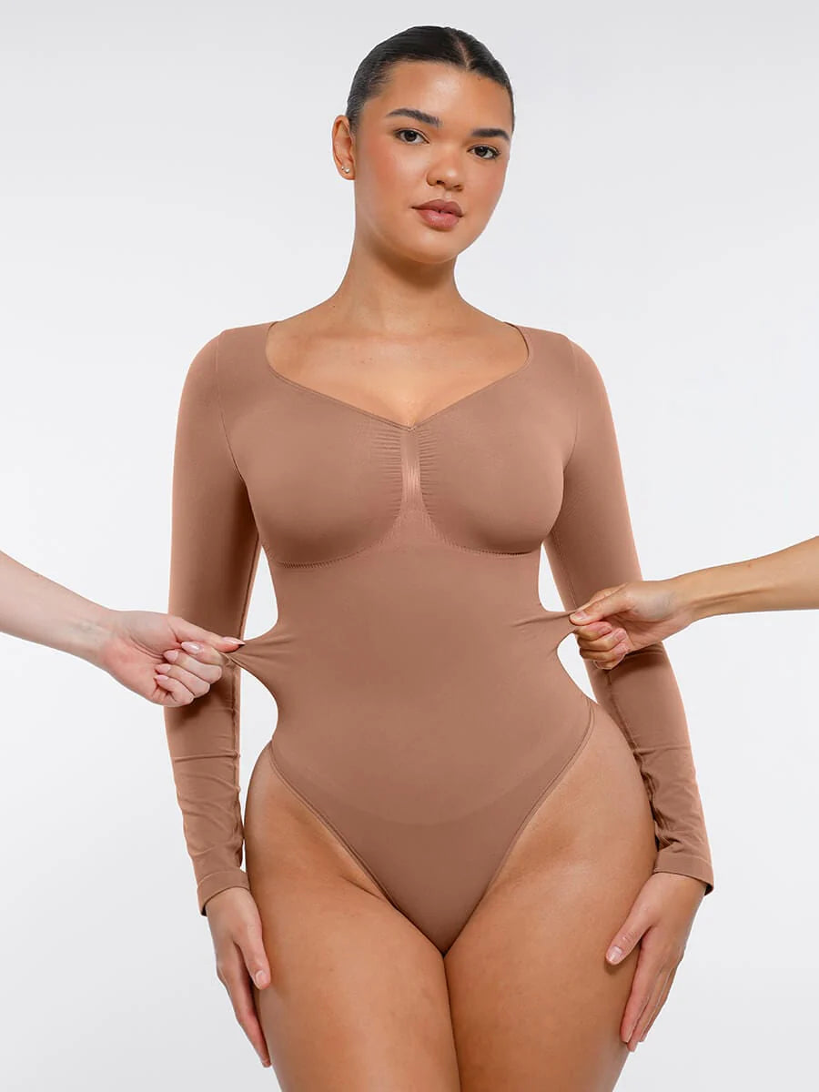 Aurasize Seamless Long Sleeve Chest Support Tummy Control Thong Bodysuit