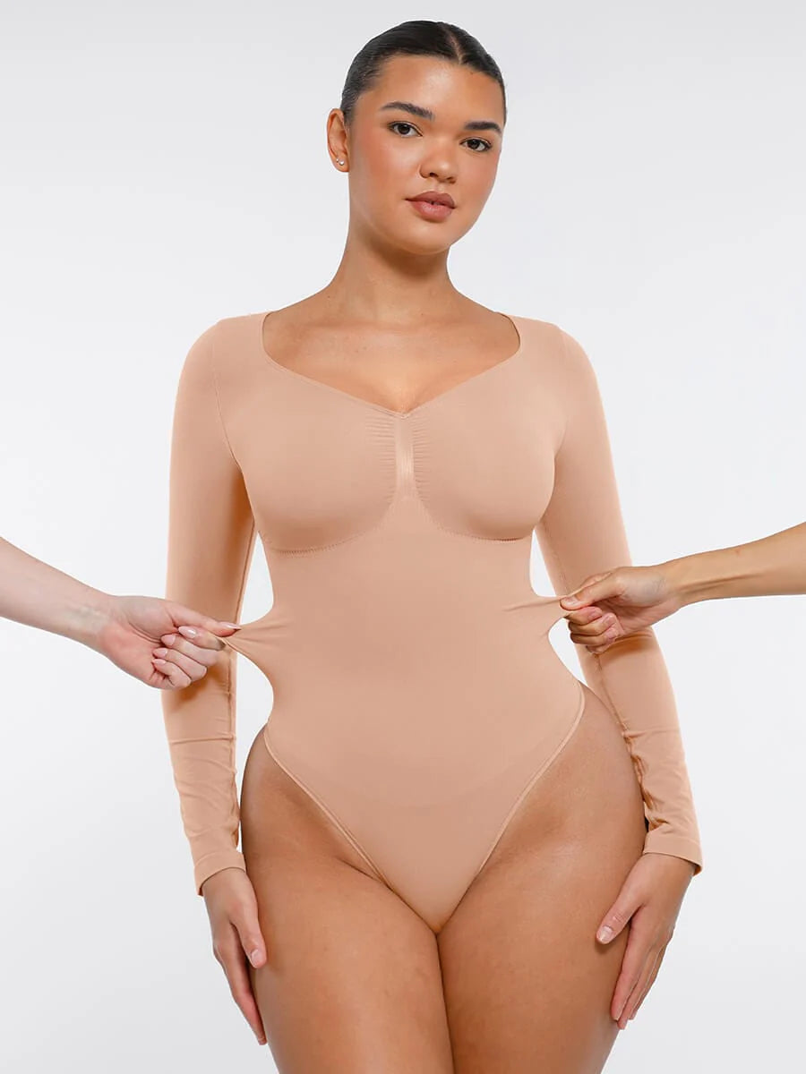 Aurasize Seamless Long Sleeve Chest Support Tummy Control Thong Bodysuit
