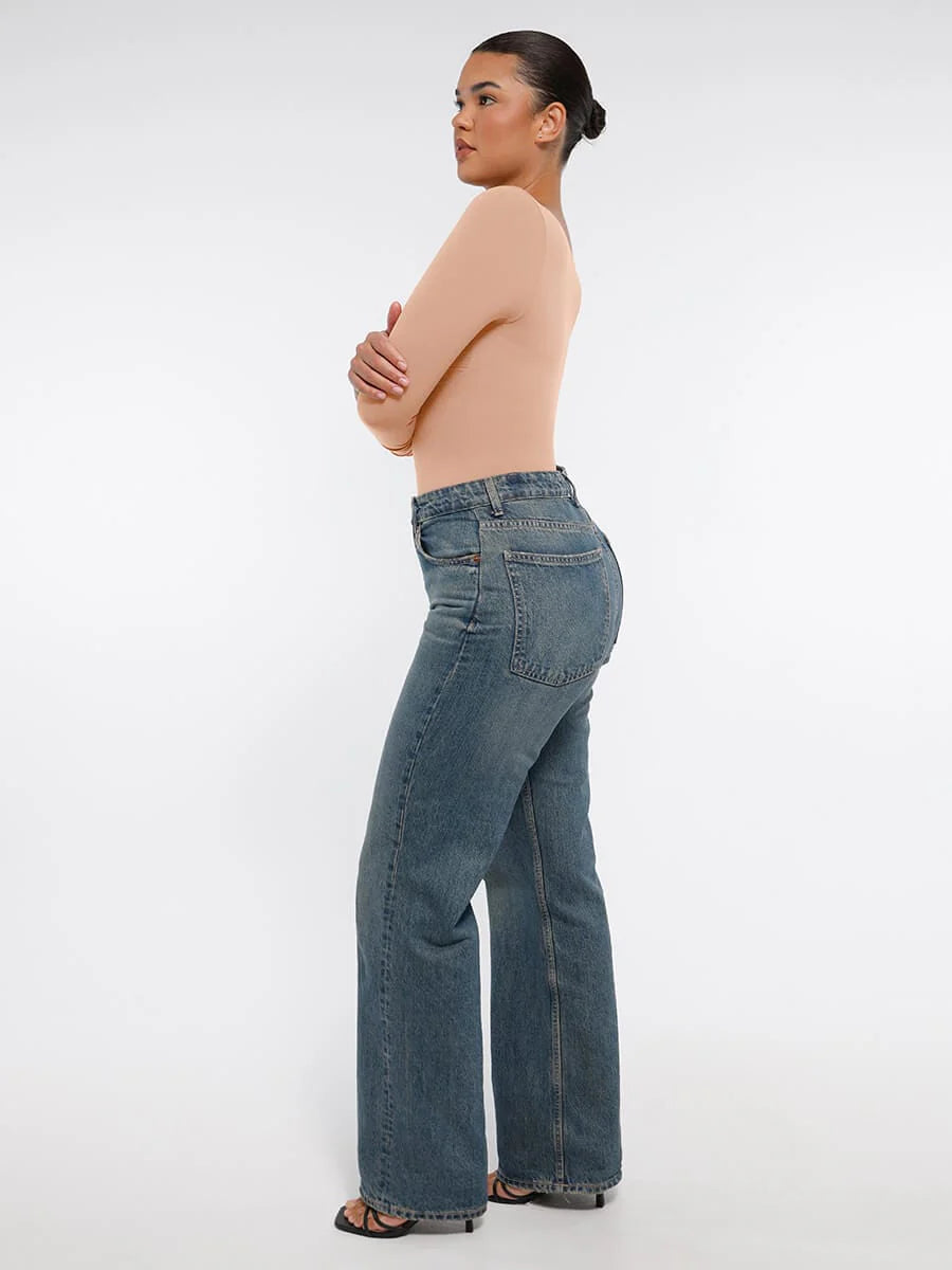 Aurasize Seamless Long Sleeve Chest Support Tummy Control Thong Bodysuit