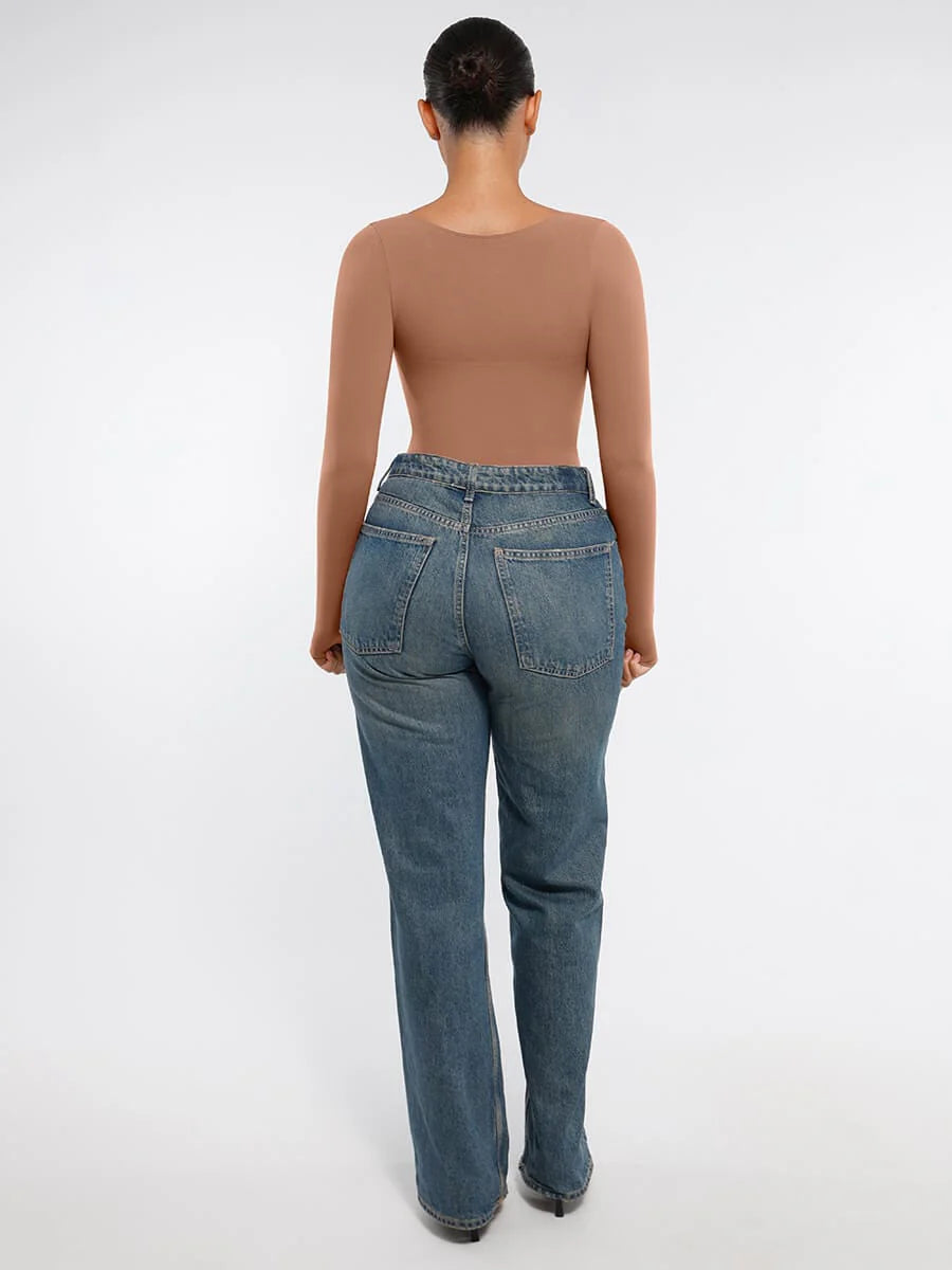 Aurasize Seamless Long Sleeve Chest Support Tummy Control Thong Bodysuit