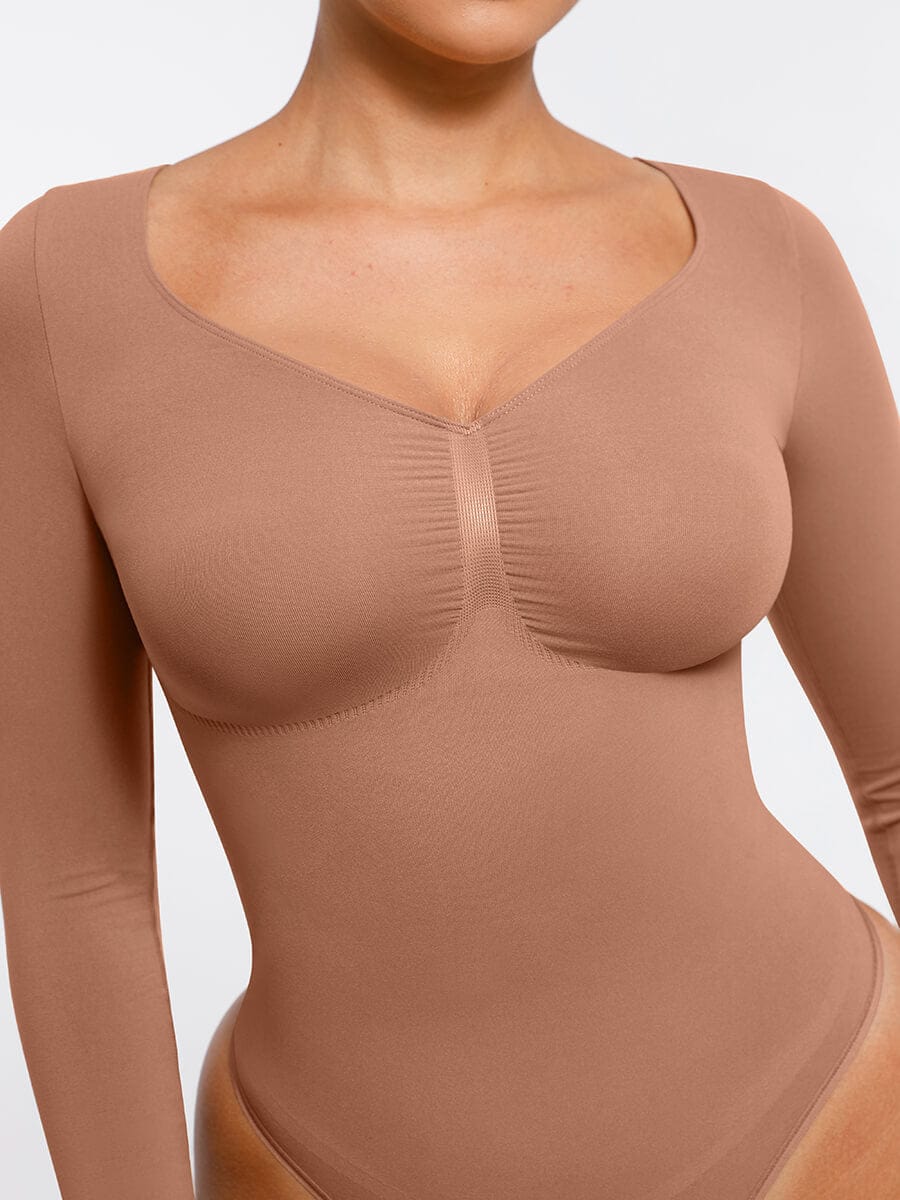 Aurasize Seamless Long Sleeve Chest Support Tummy Control Thong Bodysuit