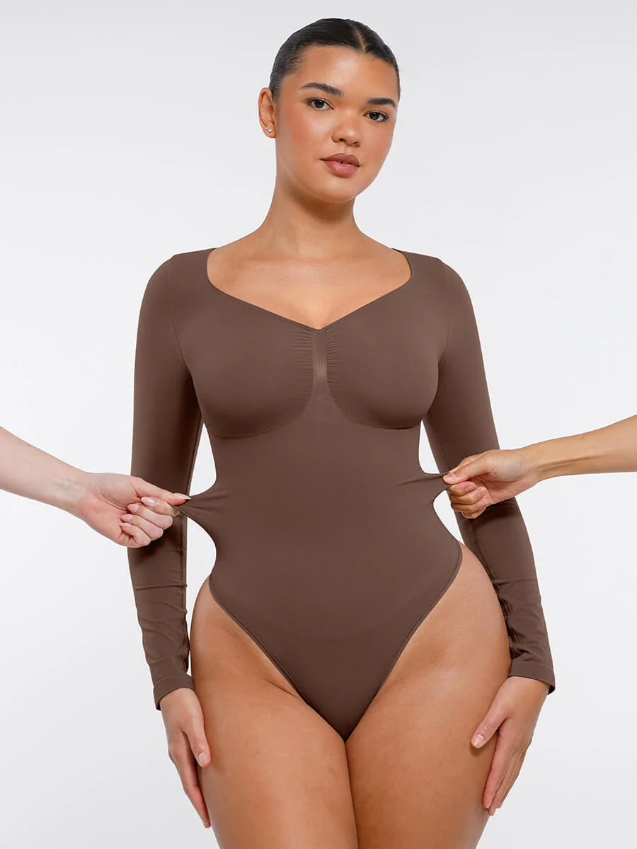 Aurasize Seamless Long Sleeve Chest Support Tummy Control Thong Bodysuit