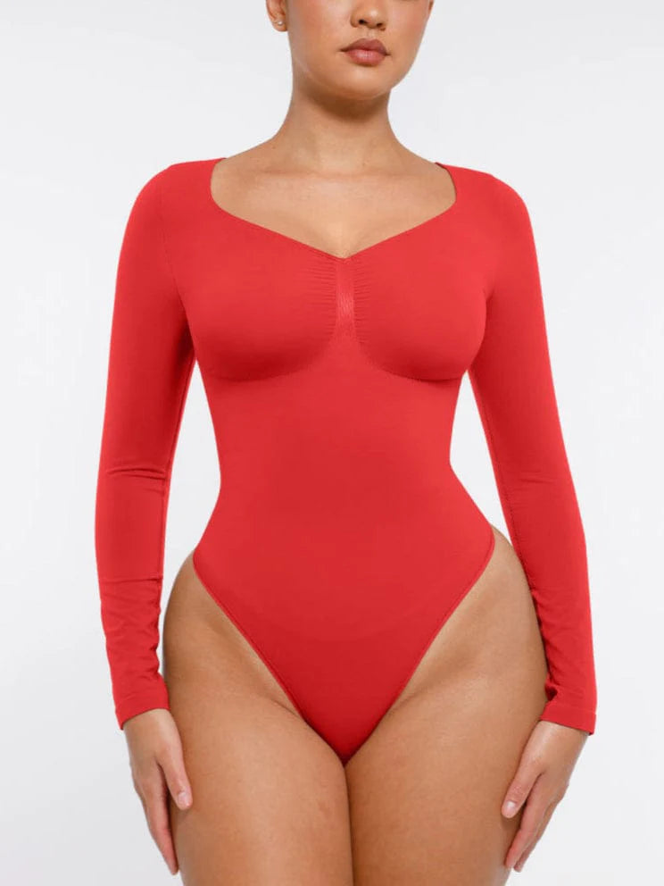 Aurasize Seamless Long Sleeve Chest Support Tummy Control Thong Bodysuit