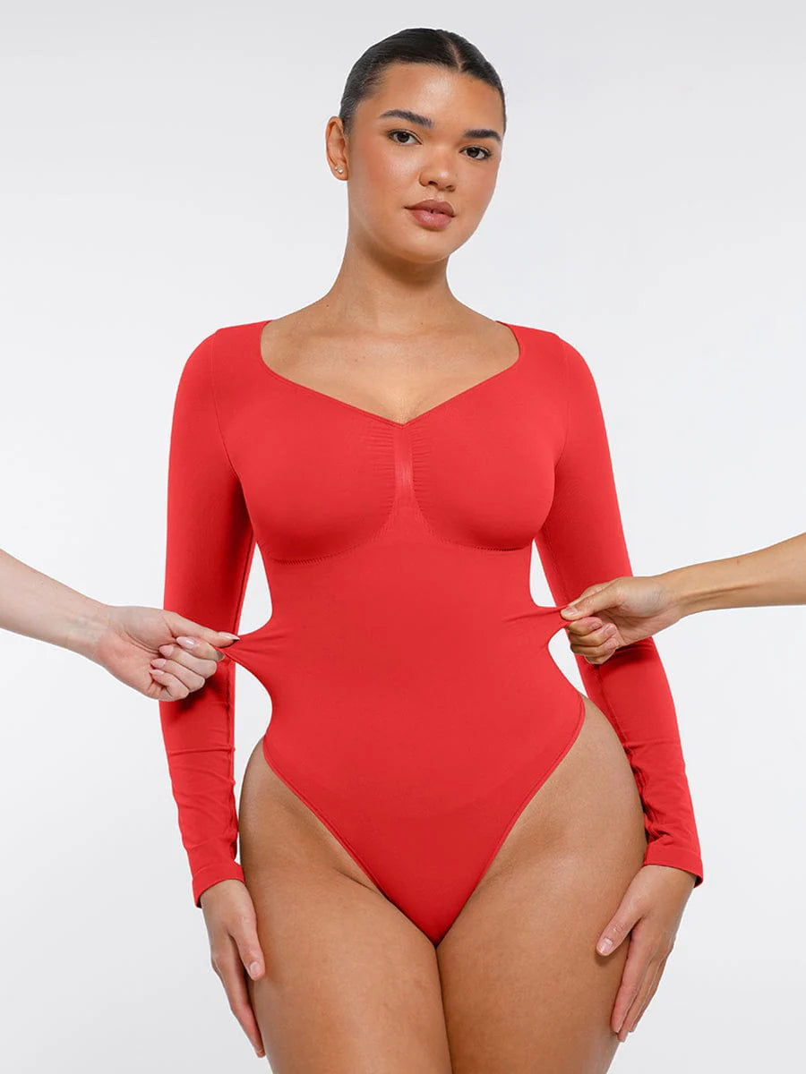 Aurasize Seamless Long Sleeve Chest Support Tummy Control Thong Bodysuit